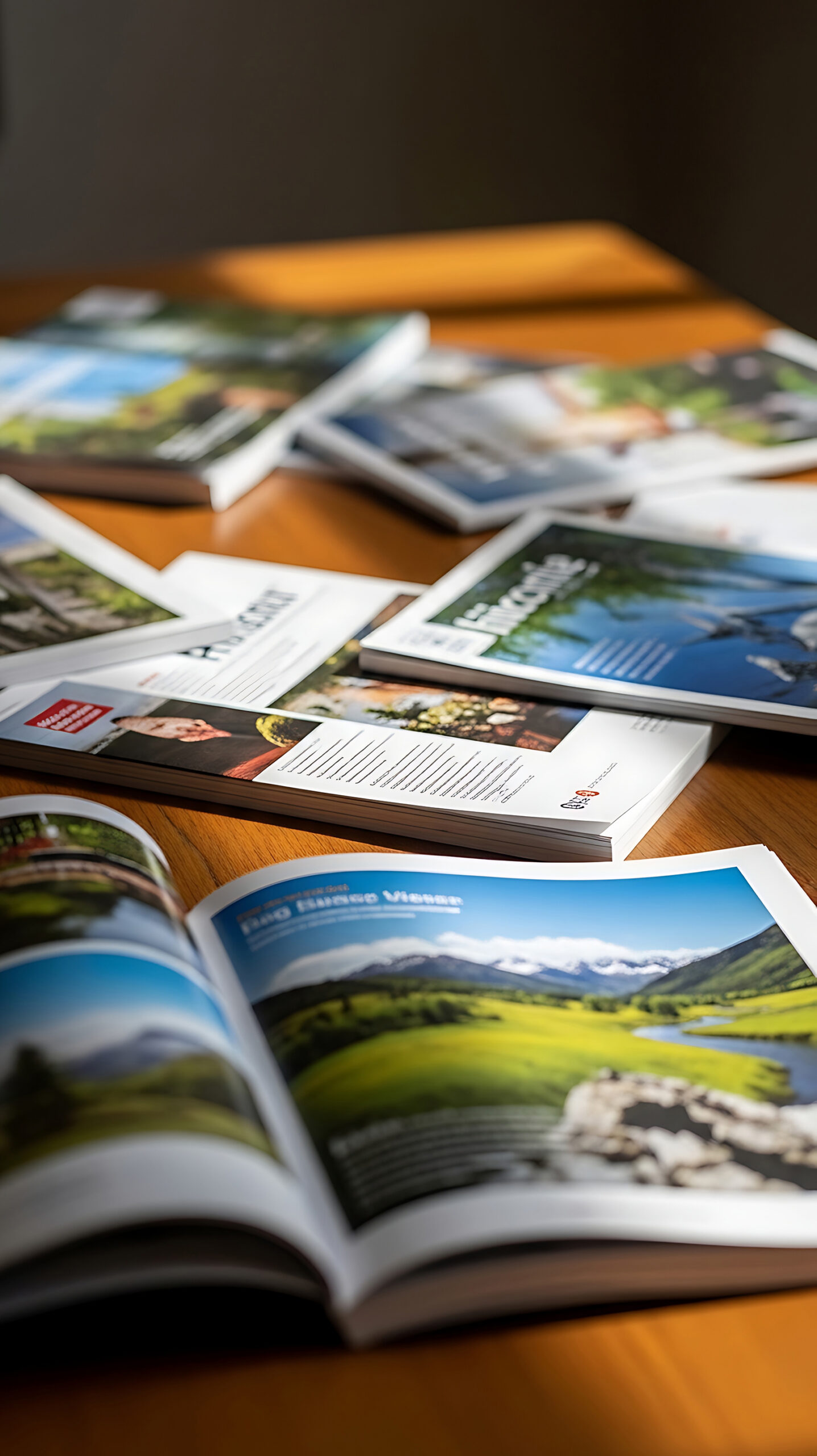 a collection of colorful travel magazines scattered on a wooden