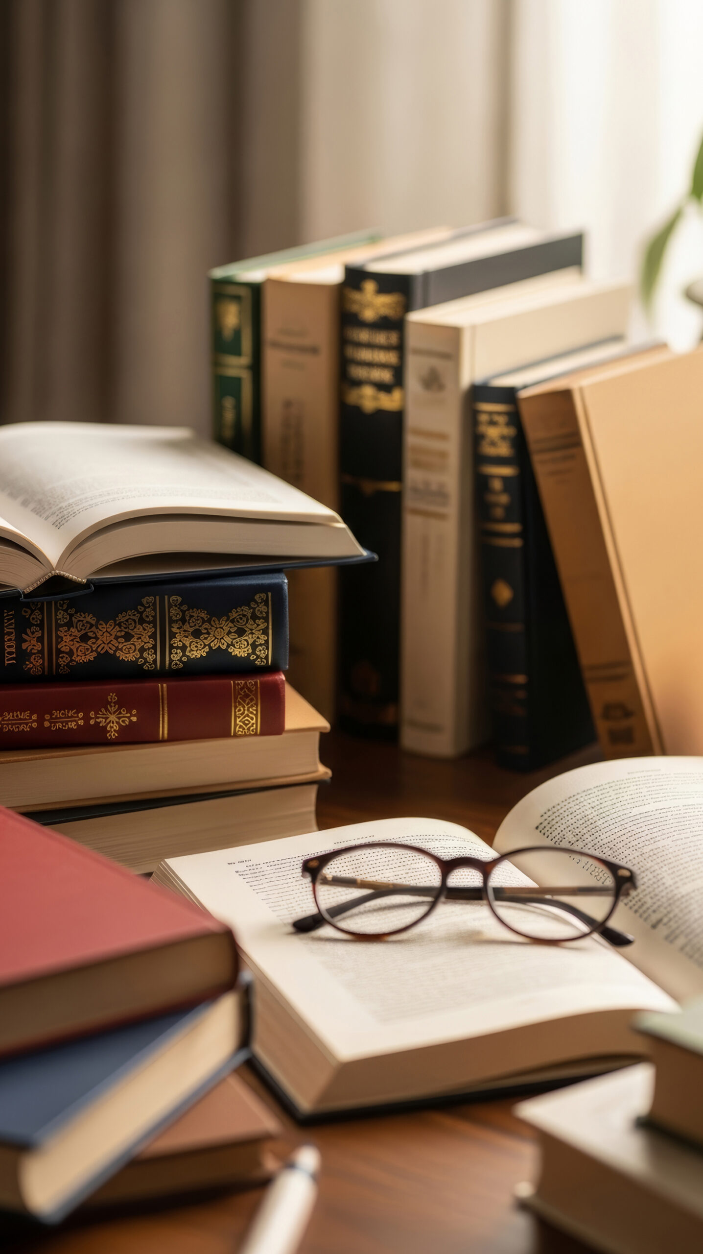 open book with eyeglasses on wooden table. stack of vintage book